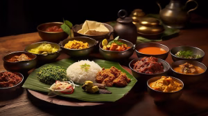 Traditional Indian thali served on a banana leaf with assorted dishes.