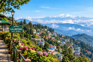 Kalimpong, West Bengal – an affordable hill getaway featuring lush green hills, colorful hillside houses, flower gardens, and scenic Himalayan mountain views.