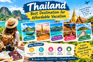 Thailand budget travel guide featuring Phuket’s turquoise beaches, Bangkok’s golden temples, the Phi Phi Islands, Chiang Mai’s vibrant night markets, and Krabi’s scenic coastline, highlighting affordable vacations, local street food, culture, and shopping.