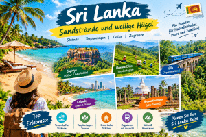 Sri Lanka travel guide featuring golden sandy beaches, lush tea plantations, Sigiriya Rock Fortress, scenic train rides in Ella, Colombo’s coastline, and ancient temples in Anuradhapura.