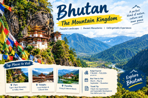 Bhutan, the Mountain Kingdom, featuring a stunning Himalayan valley, a cliffside Buddhist monastery, colorful prayer flags, and top attractions in Paro, Thimphu, and Punakha for budget-friendly travel from India.
