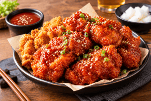 Famous Korean dishes featuring crispy Korean fried chicken coated in spicy gochujang sauce and sesame seeds.