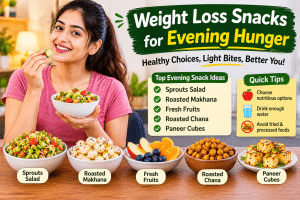 Healthy weight loss snacks for evening hunger, including sprouts salad, roasted makhana, fresh fruits, roasted chana, and paneer cubes for nutritious everyday snacking.