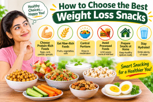 How to choose the best weight loss snacks by selecting protein-rich foods, fiber-rich fruits and vegetables, controlling portions, avoiding processed foods, preparing healthy snacks at home, and staying hydrated.