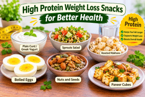 High protein weight loss snacks including Greek yogurt, sprouts salad, roasted makhana, boiled eggs, nuts and seeds, and paneer cubes for better health.