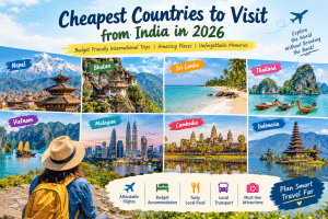 Cheapest countries to visit from India in 2026, featuring Nepal, Bhutan, Sri Lanka, Thailand, Vietnam, Malaysia, Cambodia, and Indonesia with budget-friendly international travel inspiration.