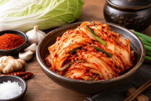 Traditional Korean food to try, featuring fermented napa cabbage kimchi with spicy red chili paste, garlic, and ginger.