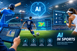 AI in sports featuring artificial intelligence, cricket ball tracking, football player analytics, tennis performance tracking, and sports data analysis.