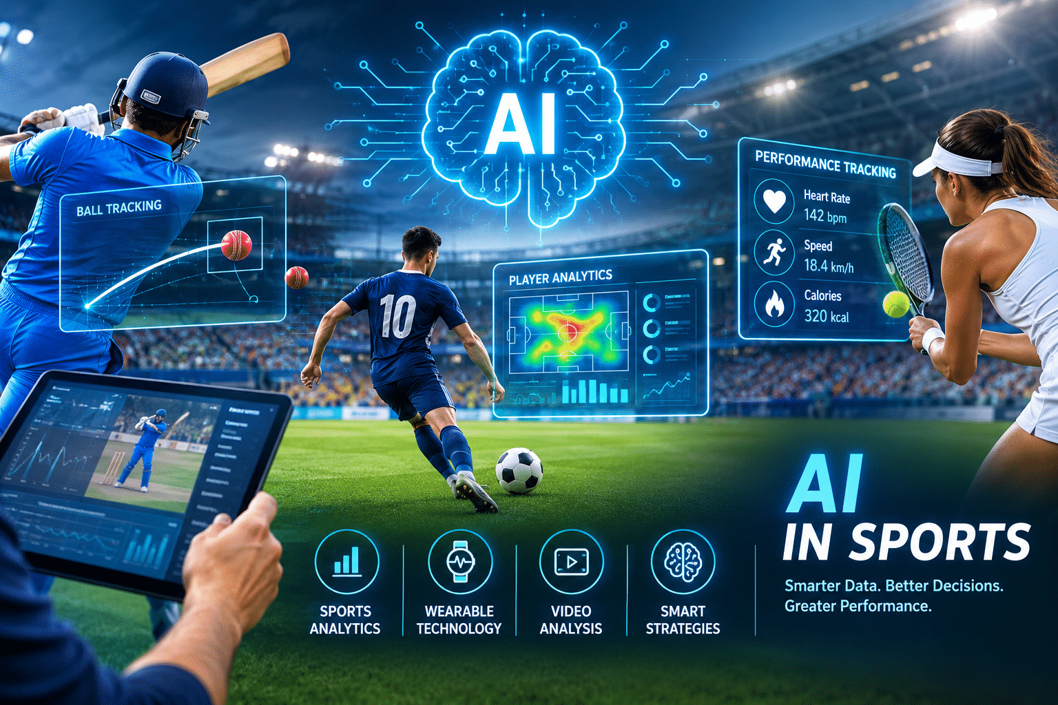 AI in sports featuring artificial intelligence, cricket ball tracking, football player analytics, tennis performance tracking, and sports data analysis.