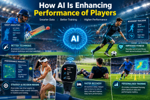 How AI is enhancing performance of players through movement tracking, fitness monitoring, shot analysis, personalized training, strategic decision-making, and faster recovery in cricket, football, and tennis.