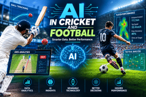 AI in cricket and football featuring ball tracking, DRS analysis, player performance analytics, tactical analysis, and artificial intelligence technology in sports.