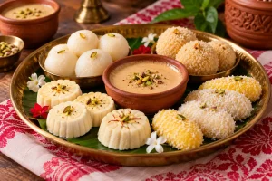 Bengali-sweets- platter-with- Sandesh-Rasgulla- Kheer-Kadam- Mishti-Doi-and- Cham-Cham