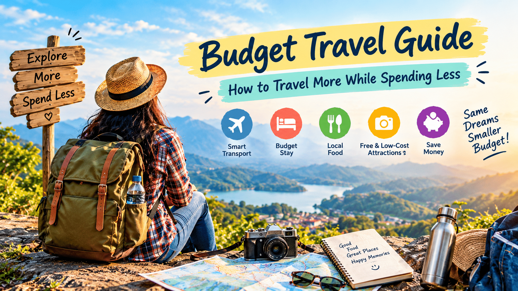 “Budget travel guide featuring a backpacker exploring a scenic mountain destination with tips for affordable travel, local food, budget stays, and saving money.”