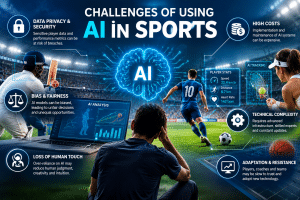 Challenges of using AI in sports, including data privacy, high implementation costs, algorithmic bias, technical complexity, reduced human judgment, and resistance to new technology.
