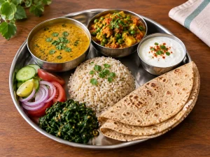 High-protein Indian food with dal, roti, rice, and fresh vegetables.