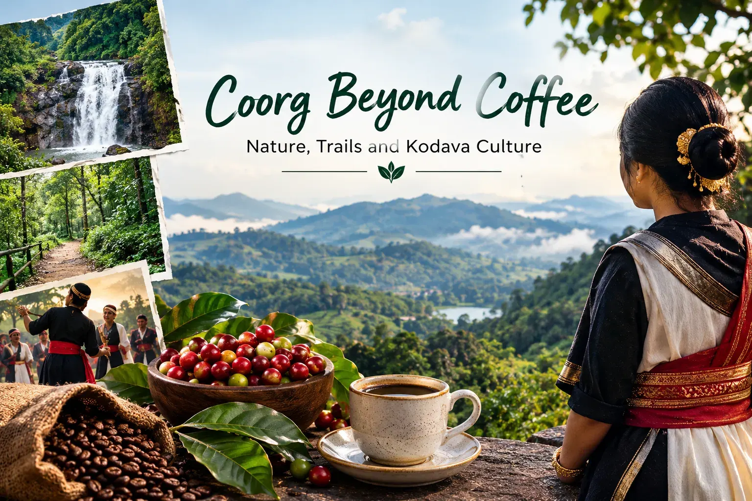 Coorg featured image showcasing misty green hills, a cascading waterfall, forest trails, traditional Kodava attire, and fresh coffee cherries with a cup of coffee.