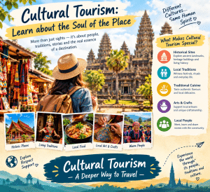 Colorful cultural tourism infographic showing a traveler exploring an ancient temple, with scenes of historic places, traditional performances, local food, arts and crafts, and local communities. The image highlights cultural tourism as a way to understand a destination through its people, traditions, stories, and heritage.