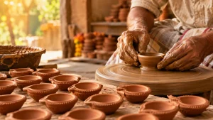 Indian-potter- making-traditional- clay-on -a-pottery-wheel-in- a-workshop