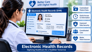 Electronic Health Records (EHR) showing a doctor using a digital system to manage patient medical histories, lab results, medications, appointments, and health information securely.
