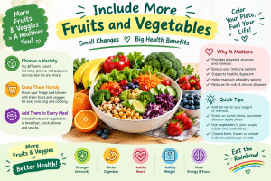 Infographic titled “Include More Fruits and Vegetables,” featuring a colorful bowl of fresh vegetables and fruits in the center. It highlights tips such as choosing a variety of colorful produce, keeping fruits and vegetables handy, and adding them to every meal. The infographic also lists benefits including stronger immunity, better digestion, a healthy heart, healthy weight, and improved energy and focus, with the message “Eat the Rainbow!”