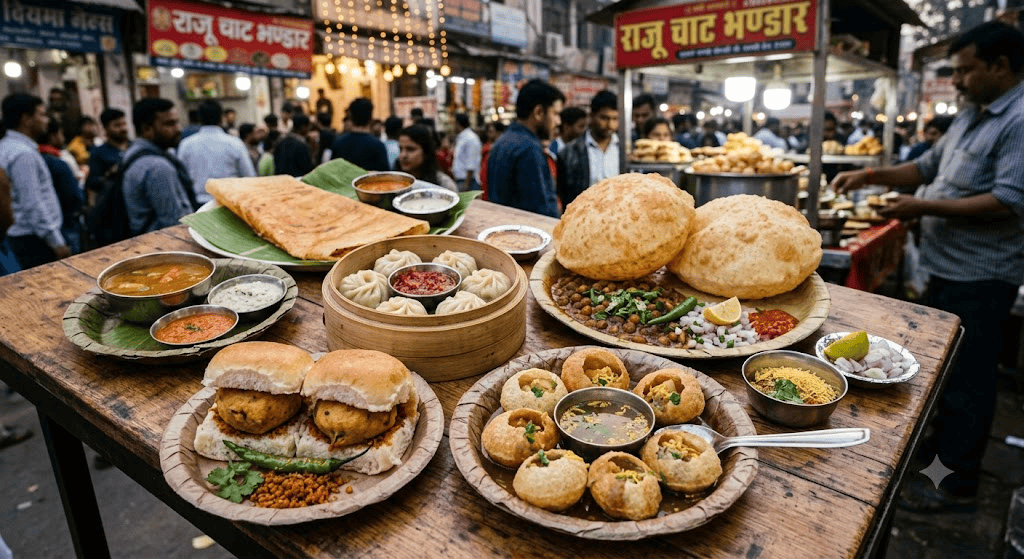 Indian street food featuring popular snacks from different regions.