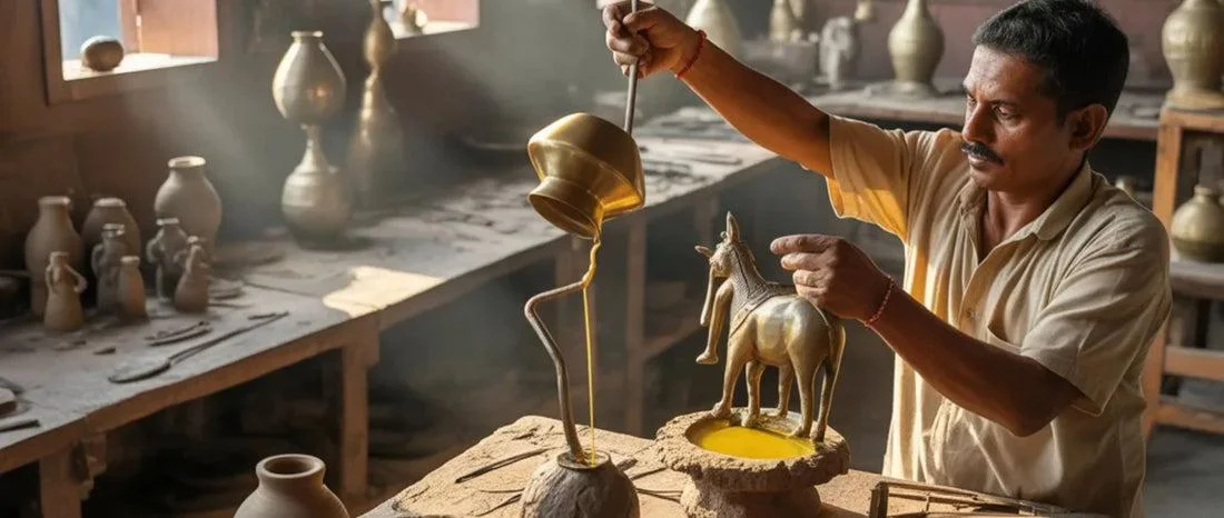 Dokra-art-of-India- artisan-crafting-a-traditional-brass- horse-sculpture