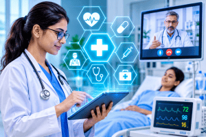 Technology in Healthcare – A doctor using digital medical technology and a tablet to monitor patient health and provide modern healthcare services
