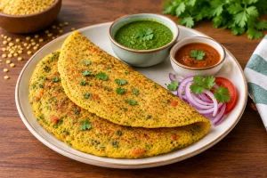 Protein-rich Indian breakfast made with moong dal chilla and chutney.