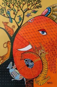 “Gond Art depicting wildlife with colourful dots and intricate folk art patterns”