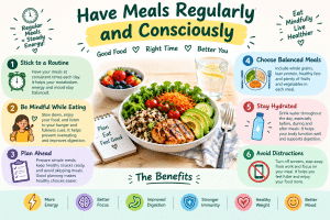 Infographic titled “Have Meals Regularly and Consciously,” featuring a balanced meal with grilled fish, vegetables, avocado, grains, fruit, and water in the center. Six tips encourage maintaining a regular meal routine, eating mindfully, planning ahead, choosing balanced meals, staying hydrated, and avoiding distractions. The bottom highlights benefits such as more energy, better focus, improved digestion, stronger immunity, healthy weight, and better mood.