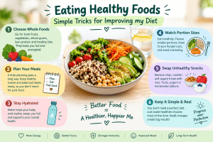 Infographic titled “Eating Healthy Foods: Simple Tricks for Improving My Diet,” featuring a colorful healthy grain-and-vegetable bowl in the center and six tips around it: choose whole foods, plan meals, stay hydrated, watch portion sizes, swap unhealthy snacks, and keep meals simple. The bottom highlights benefits including more energy, better focus, stronger immunity, improved mood, and long-term health.