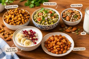 Affordable high-protein Indian snacks featuring roasted chana and peanuts.