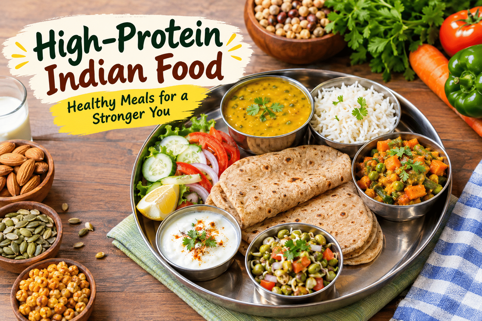 High-protein Indian food featuring dal, roti, rice, vegetable curry, sprouts, fresh salad, curd, chickpeas, nuts, and seeds for a healthy, balanced meal.