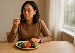 A lady eating fruits and vegetables