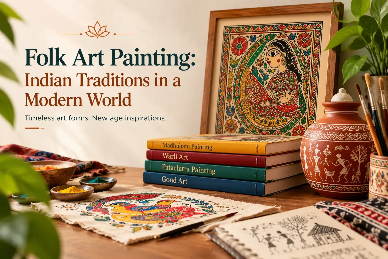 Indian Folk Art Painting featuring Madhubani painting, Warli Art, Patachitra Painting, and Gond Art in a modern design.
