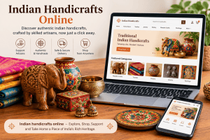 Indian handicrafts online shopping banner featuring traditional handmade products, including colorful textiles, carved wooden elephant figurines, decorative pottery, brass bowls, handcrafted jewelry, and painted home décor. A laptop and smartphone display an online handicraft store, highlighting authentic Indian craftsmanship, convenient online shopping, and support for local artisans.