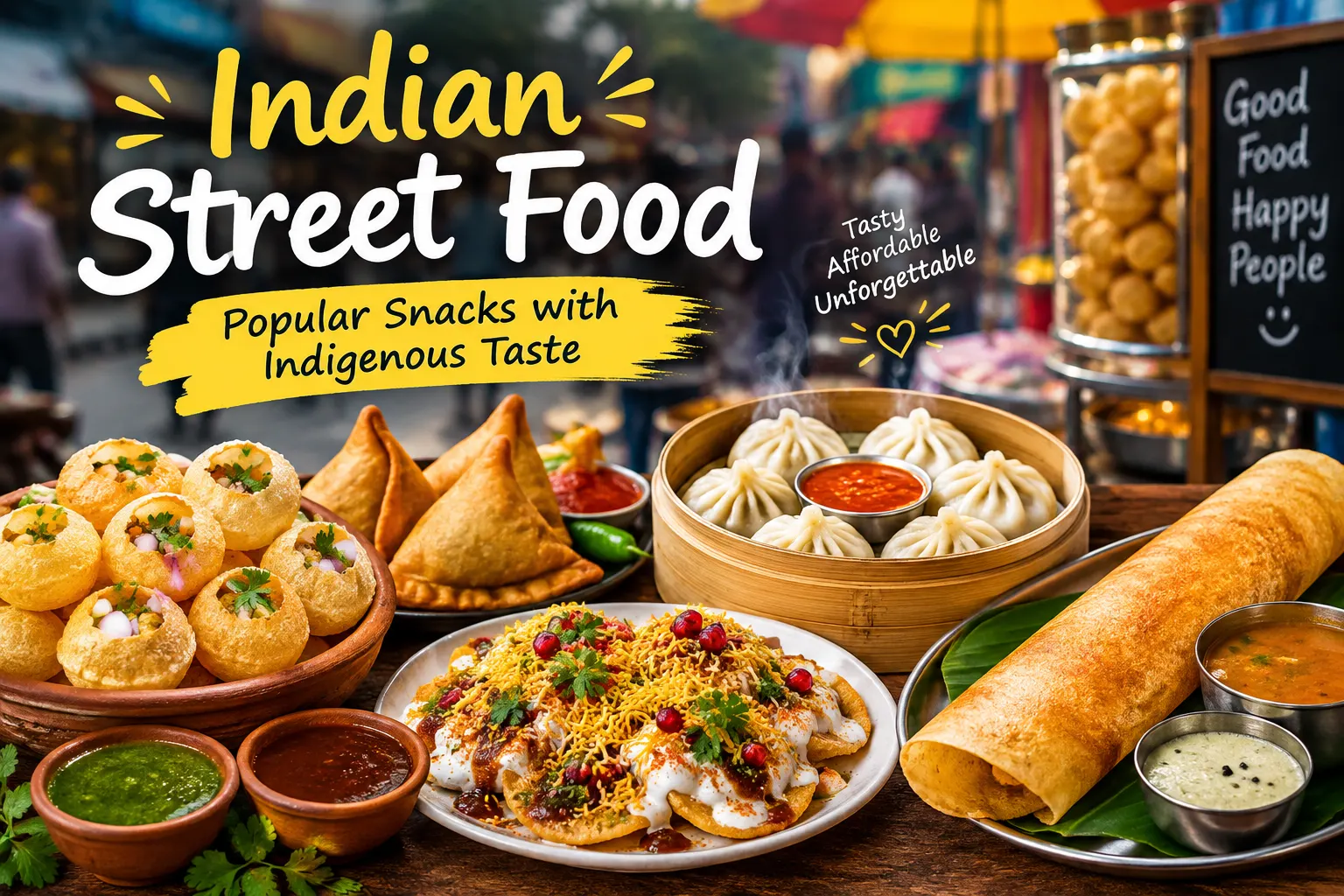 Colorful Indian street food featuring pani puri, samosas, steamed momos, dahi puri, and crispy dosa served with chutneys and sambar at a vibrant street food stall.