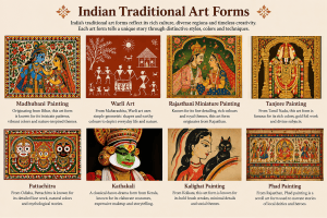 An educational poster titled “Indian Traditional Art Forms” showcasing eight traditional Indian art styles: Madhubani painting from Bihar, Warli art from Maharashtra, Rajasthani miniature painting, Tanjore painting from Tamil Nadu, Pattachitra from Odisha, Kathakali dance from Kerala, Kalighat painting from Kolkata, and Phad painting from Rajasthan. Each art form is illustrated with colorful artwork and a short description highlighting its unique patterns, techniques, cultural traditions, and storytelling.