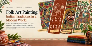 Indian Folk Art Painting featuring Madhubani painting, Warli Art, Patachitra Painting, and Gond Art in a modern design.