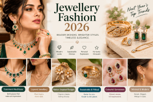 Jewellery Fashion 2026 featuring statement gold necklaces, layered jewellery, nature-inspired designs, sustainable and ethical jewellery, colourful gemstone earrings, and minimalist gold hoops, showcasing the latest jewellery trends in elegant gold and emerald-green styles.
