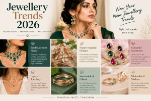 Jewellery Trends 2026 featuring bold statement necklaces, nature-inspired gold jewellery, colourful gemstone earrings, layered necklaces, sustainable jewellery designs, and minimalist gold rings in an elegant emerald-green and gold fashion collection.