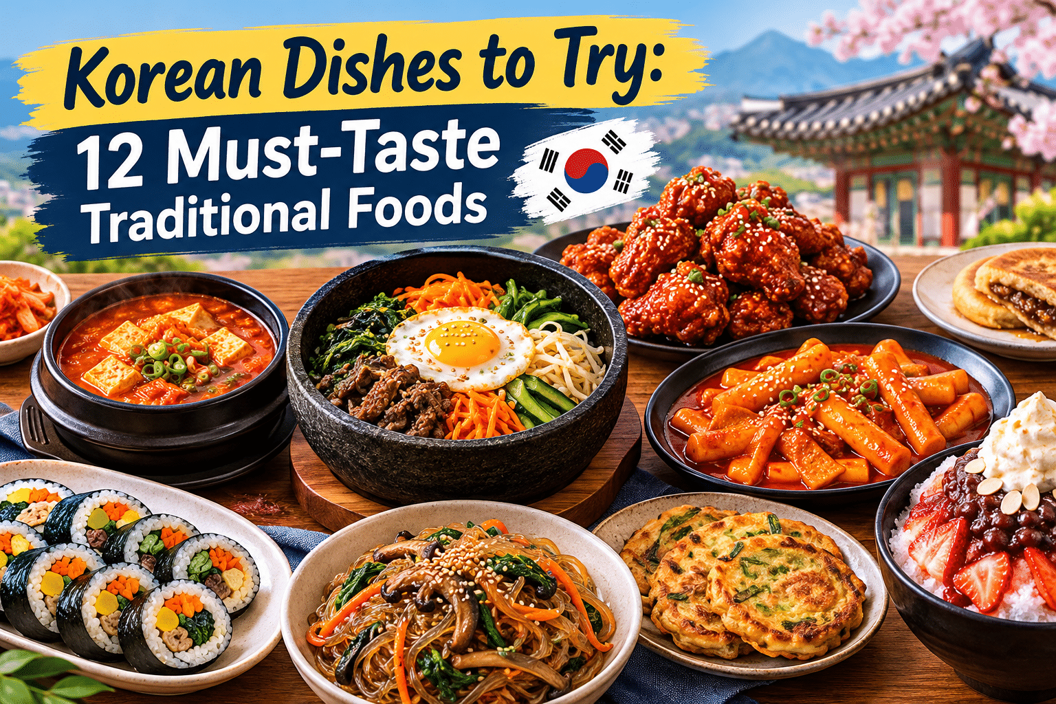 12 Korean dishes to try featuring traditional Korean food, bibimbap, kimchi, tteokbokki, Korean fried chicken, and popular street food.