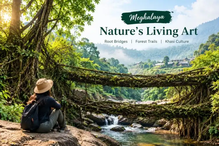 Traveller exploring the living root bridges of Meghalaya in a misty green forest
