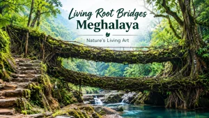 Living root bridge near the Double Decker Bridge in Meghalaya surrounded by lush green forest