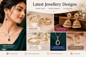 Latest jewellery designs featuring elegant gold necklaces, diamond rings, traditional jhumka earrings, stylish bracelets, gemstone pendants, and modern gold hoops in a luxurious jewellery collection.