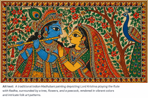 A vibrant traditional Indian Madhubani painting depicting Lord Krishna playing the flute beside Radha, surrounded by colorful flowers, green foliage, and a peacock, featuring intricate patterns and rich folk-art colors.