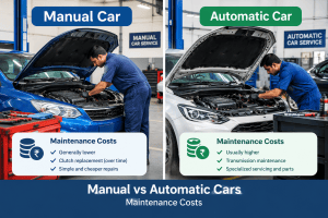 Manual vs automatic cars maintenance costs compared in an automotive repair workshop.