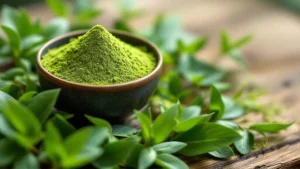 Fine-green-matcha- tea-powder-in-a- ceramic-bowl- beside-fresh-tea- leaves