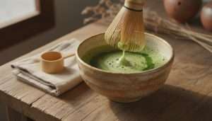 Matcha-tea-being- whisked-in-a- ceramic-bowl-with- a-traditional- bamboo-whisk