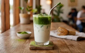 Iced-matcha-latte- with-green-tea-and- milk-served-in-a- clear-glass